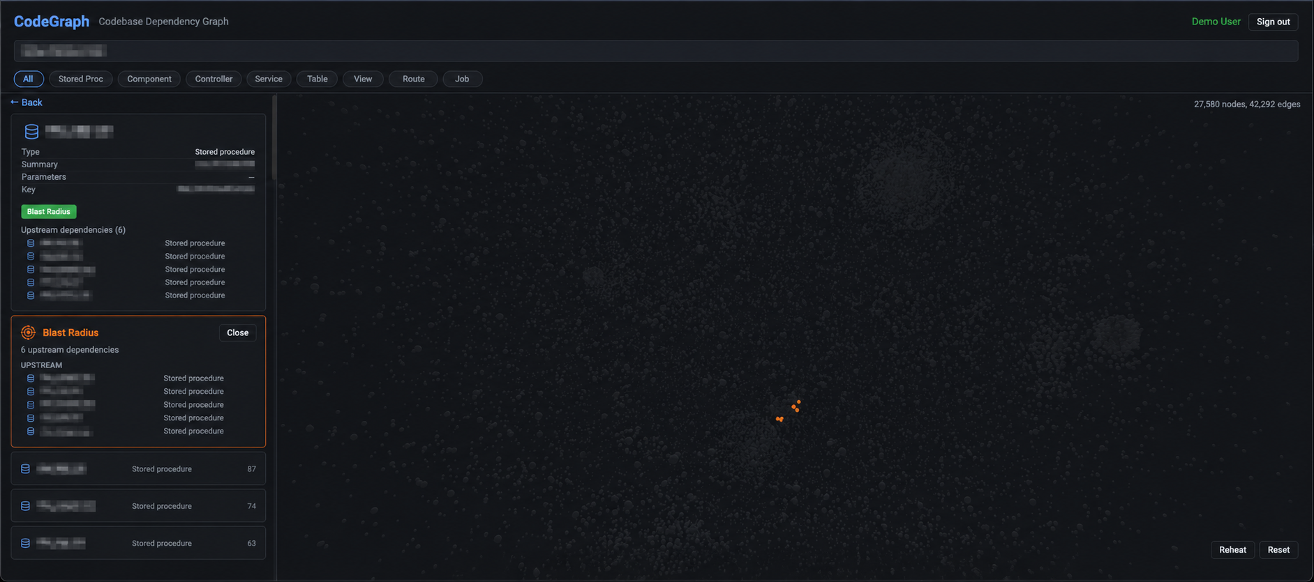 Redacted CodeGraph interface showing a highlighted dependency blast radius in a large codebase graph