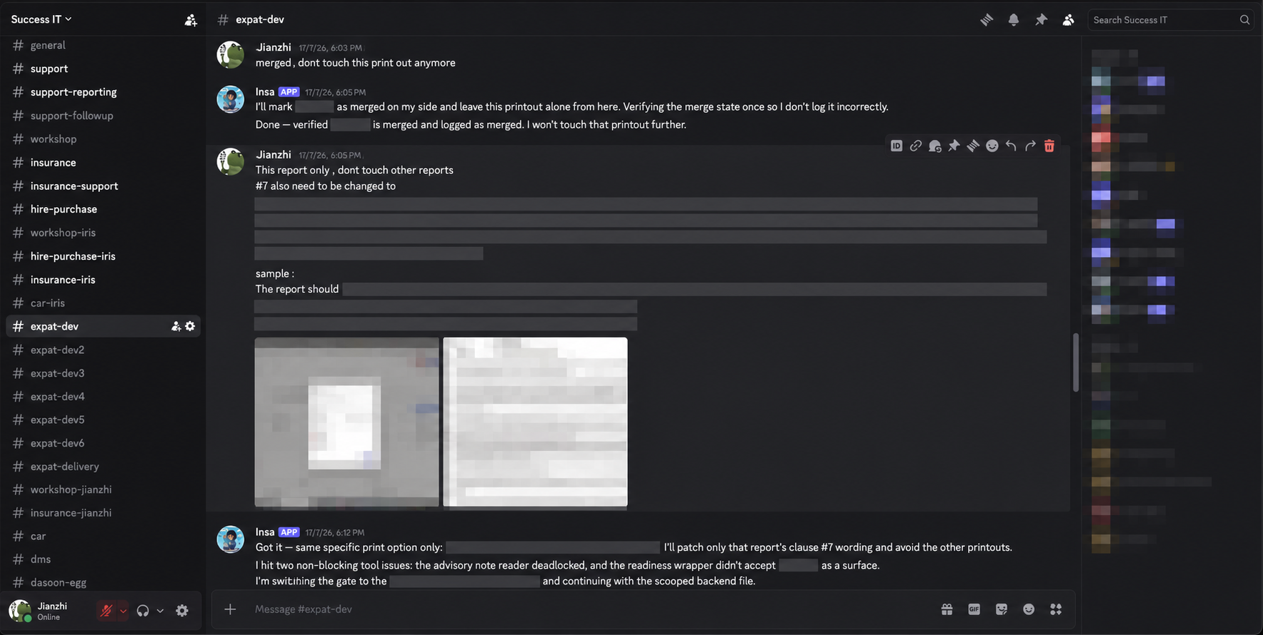 Redacted Discord conversation in the Expat product lane showing Jianzhi defining a narrow report change and Insa confirming scope
